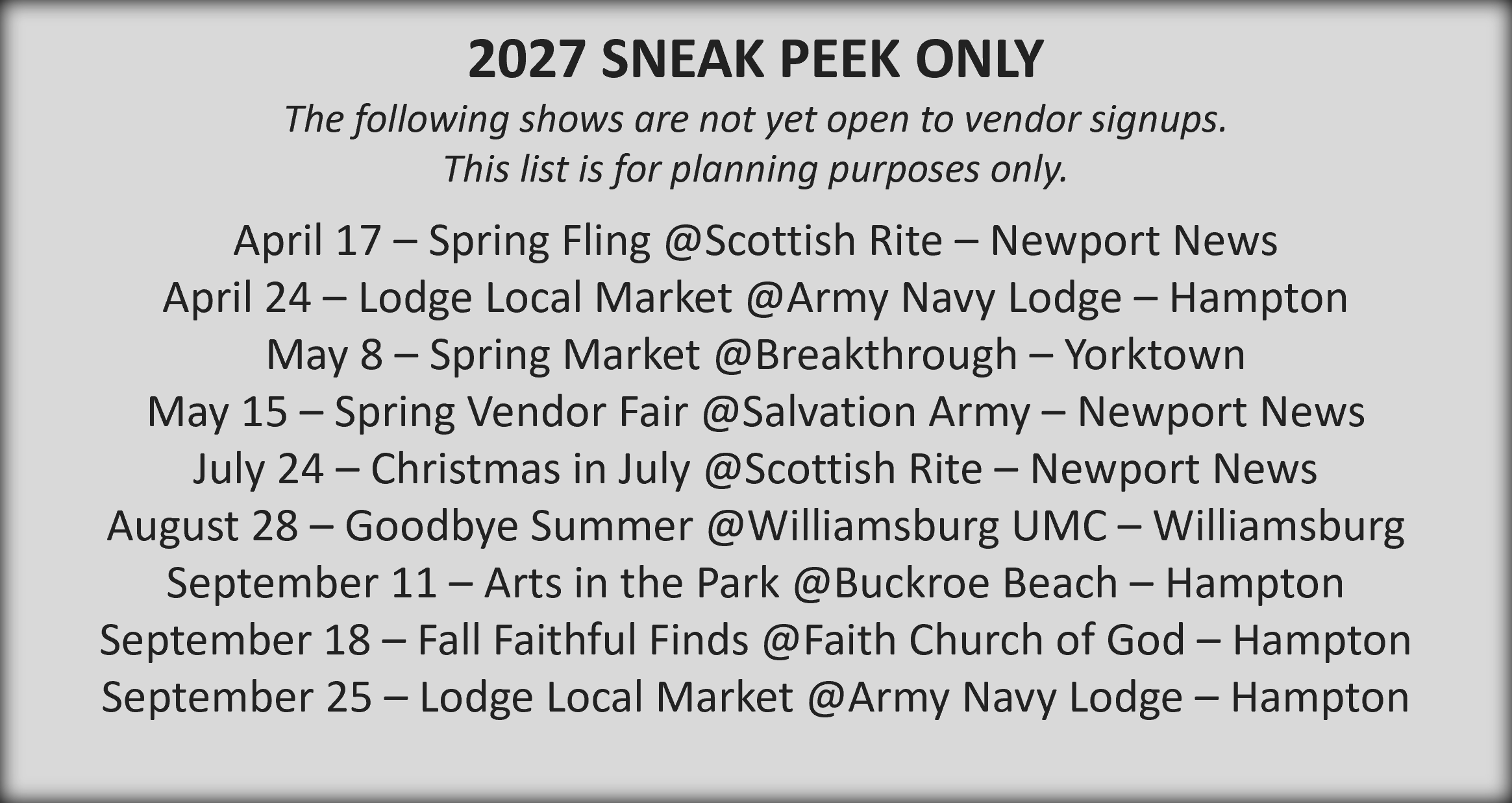 Sneak Peek at remaining but unopened events this year